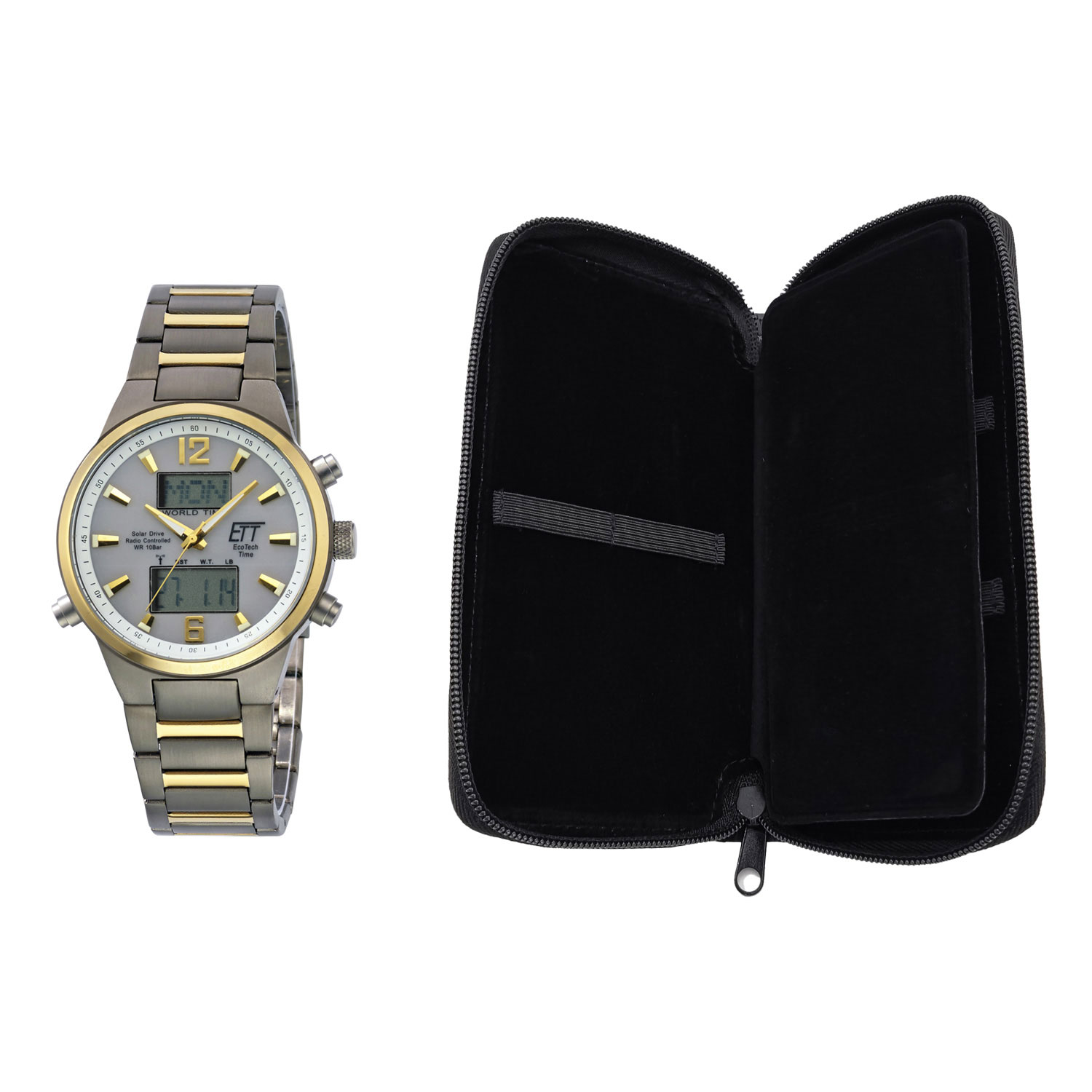 SET EXCLUSIF AVEC ETUI DE VOYAGE GRATUIT : Eco Tech Time Solar Drive Funk Everest II Titan Herrenuhr World Timer - EGT-11323-10M