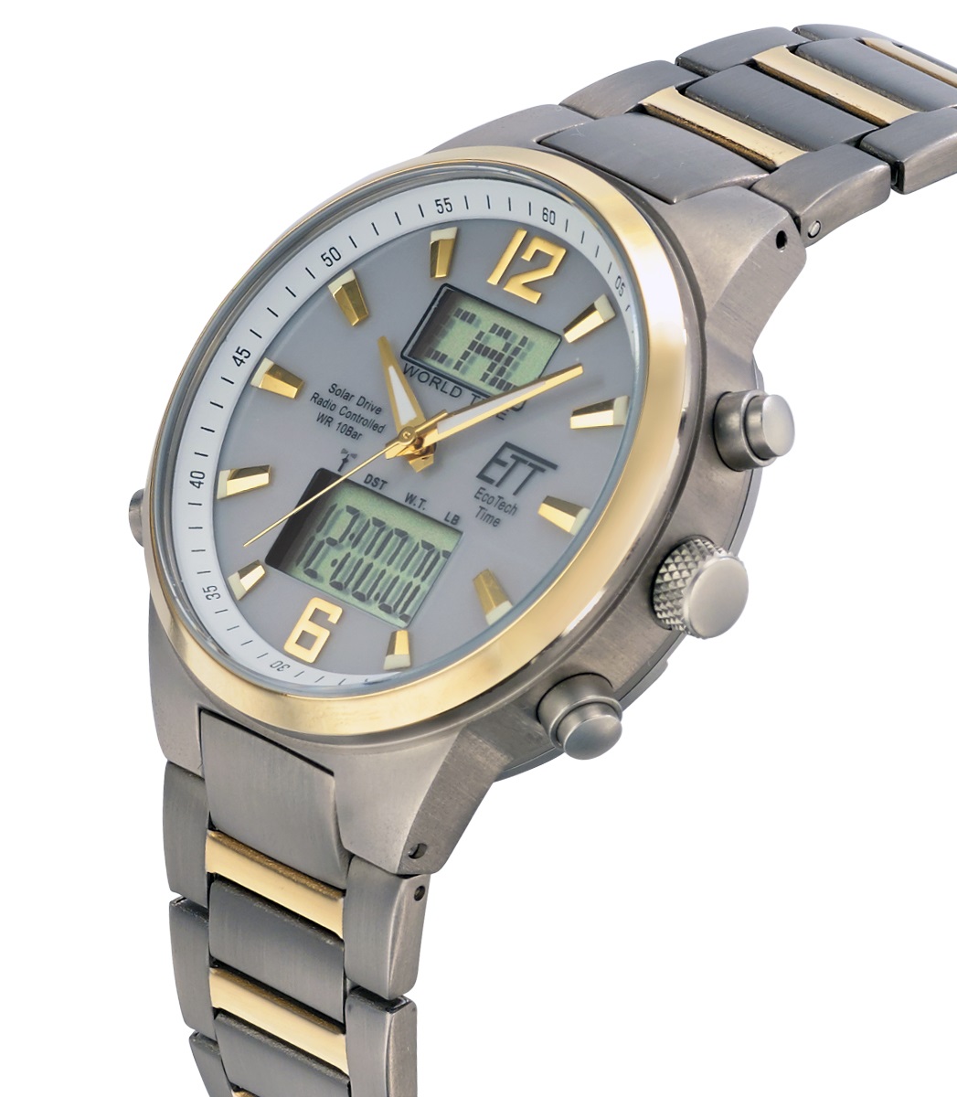 SET EXCLUSIF AVEC ETUI DE VOYAGE GRATUIT : Eco Tech Time Solar Drive Funk Everest II Titan Herrenuhr World Timer - EGT-11323-10M