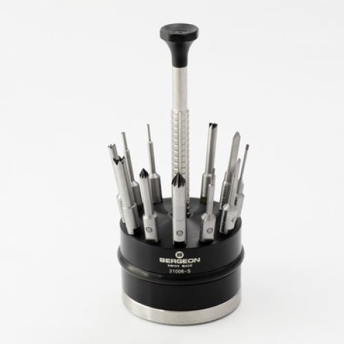 Sortiment von 12 Fräsern mit 1 Fräserhalter auf drehbarem Sockel Bergeon