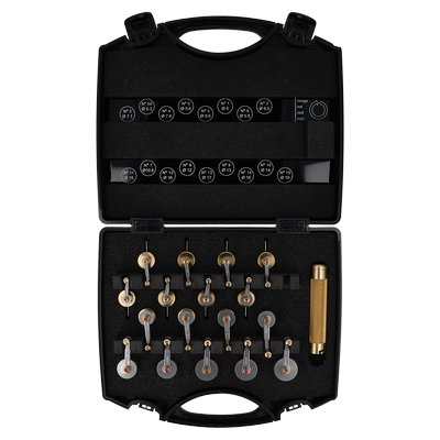 Assortiment de 17 estrapades à droite, avec un manche et les estrapades No 00 à 15 (Ø 5.3 mm à 19 mm), en coffret bois