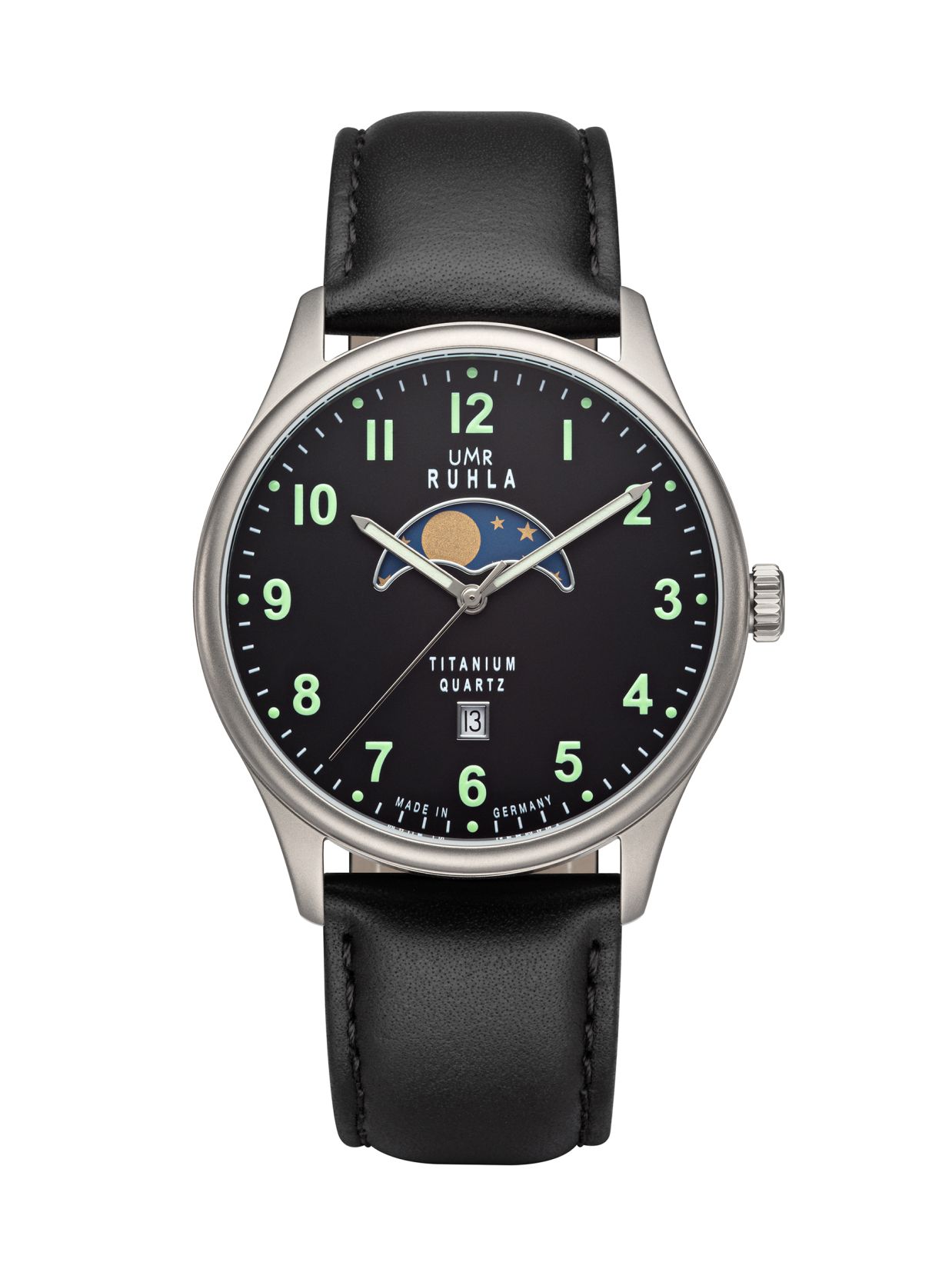 Montres Manufacture Ruhla - Montre phase de lune - Titane - Chiffres luminescents - Bracelet cuir - fabriqué en Allemagne