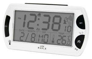Réveil radio UMR avec grand écran LCD, calendrier, affichage de la température et du signal radio, blanc