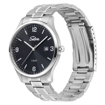SELVA Quarz-Armbanduhr mit Edelstahlband, Zifferblatt schwarz Ø 39mm