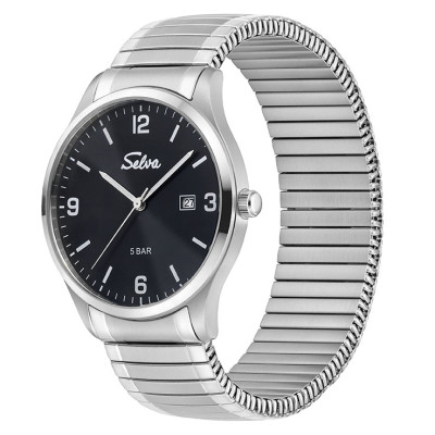 SELVA montre-bracelet à quartz avec bracelet à tirette, cadran noir Ø 39mm